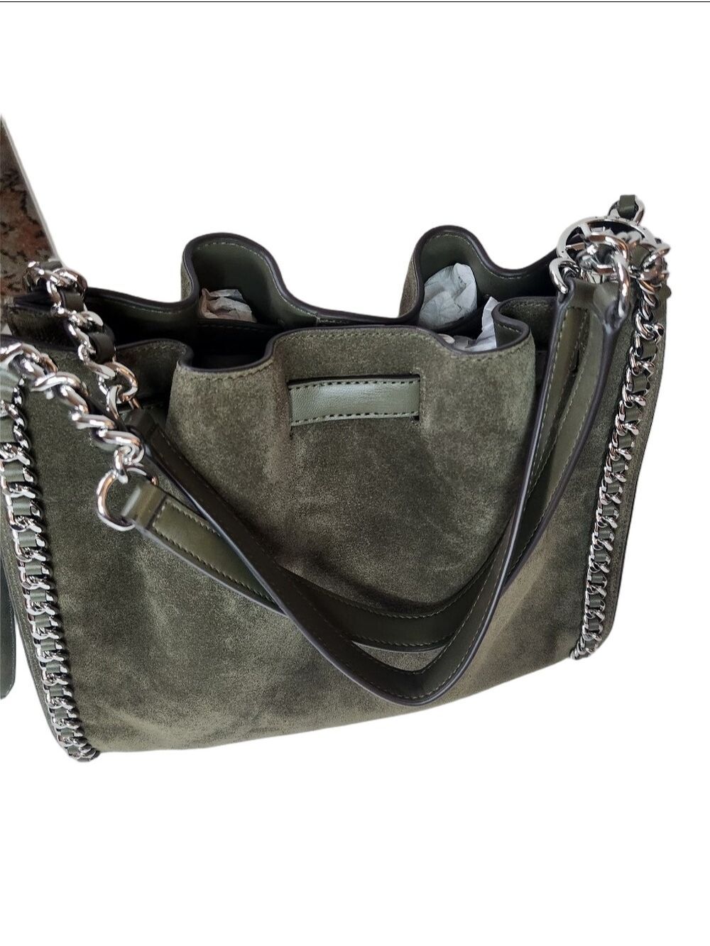 NWT Michael Kors Mina Large Suede Chain Shoulder Bag - Olive Green - Picture 7 of 16
